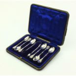 Cased set of six silver teaspoons and sugar tongs, J.R Sheffield 1904