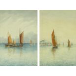 R. Allan - Pair of watercolour views of fishing boats off the coastline, bearing label to the