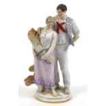 Hand painted Continental Meissen porcelain model of lovers, blue crossed swords mark and numbered