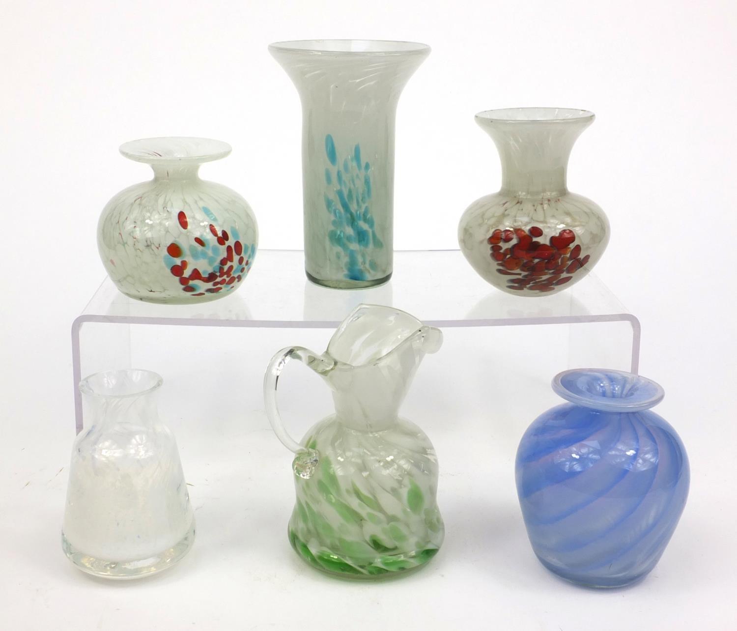 Group of Mdina colourful glassware including vases and a ewer, the largest 14cm high - Image 2 of 11