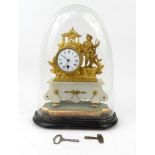 French gilt spelter figural mantel clock with white onyx base and glass display dome