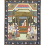 Middle Eastern watercolour onto silk of figures receiving gifts, unframed, 98cm x 77cm