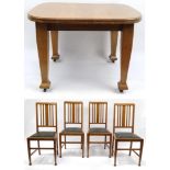 Arts and Crafts oak dining table with curved corners, together with four chairs, the table 106cm