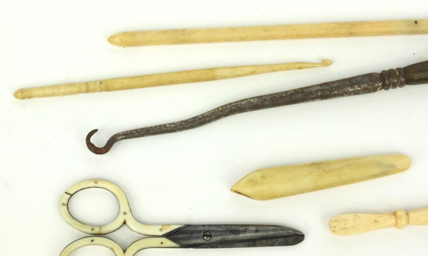 Bone corkscrews, buttonhooks, scissors and a pierced bone letter opener, Samuel Mordan propelling - Image 4 of 8