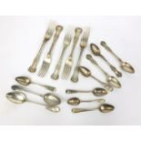 Silver flatware comprising five Mappin & Webb forks, three Mappin & Webb spoons and seven Georgian