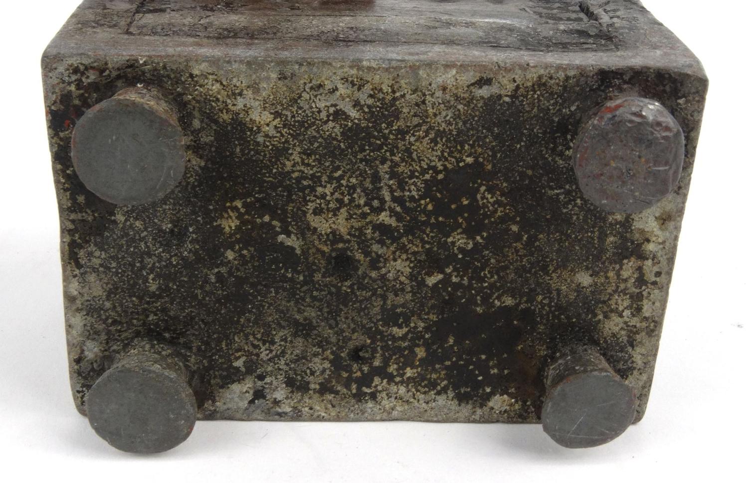Antique lead slavery interest box, the top decorated with a man and marked 'Humanity', 13.5cm - Image 6 of 6
