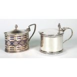 Two silver mustards with blue glass liners - one with pierced decoration, and a silver spoon, MH &