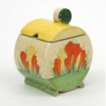 Clarice Cliff Bizarre patterned sugar pot and cover, 11cm high