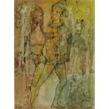 Ink and watercolour of Middle Eastern lovers dancing, bearing an indistinct signature Lespers?,
