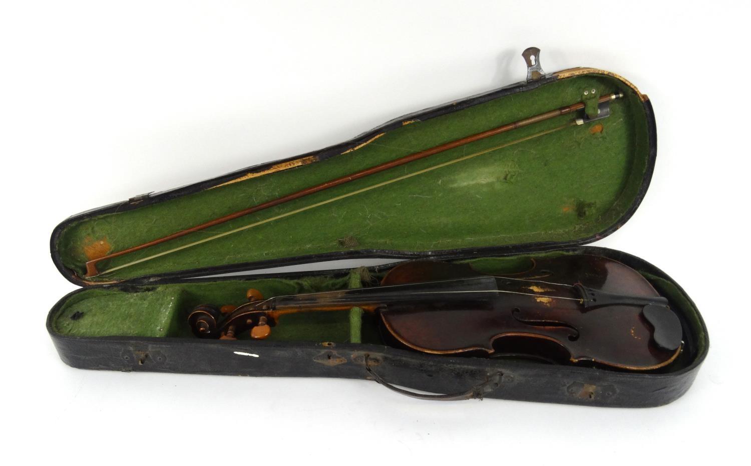 Old wooden violin and a bow with mother of pearl frog, the violin 59cm long - Image 20 of 20