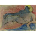 Mixed media abstract composition of a resting nude female, bearing an indistinct signature WE?,