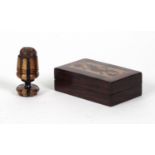 Victorian wooden Tunbridge ware box and cover, together with a wax seal holder, the larger 35cm high