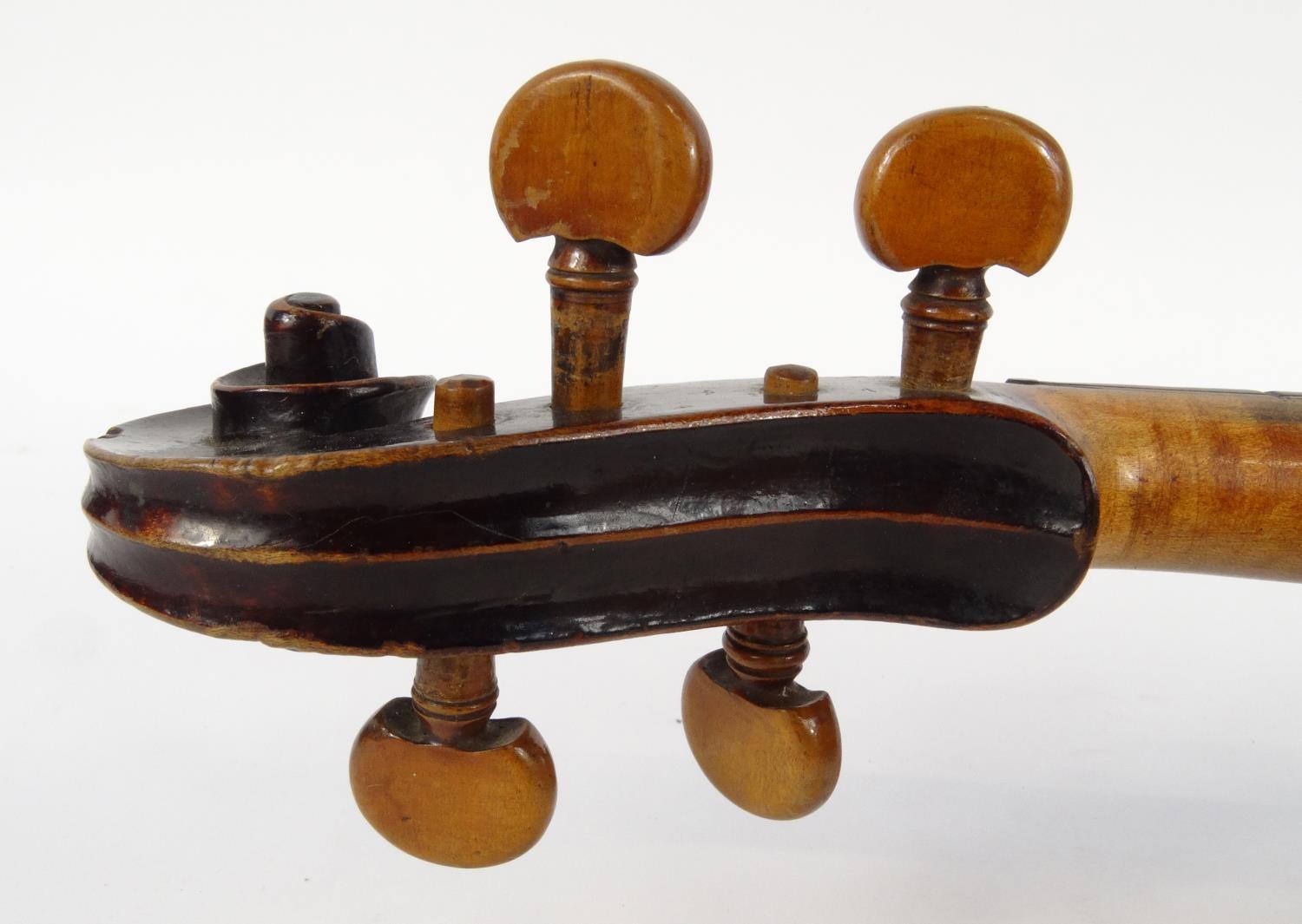 Old wooden violin and a bow with mother of pearl frog, the violin 59cm long - Image 8 of 20