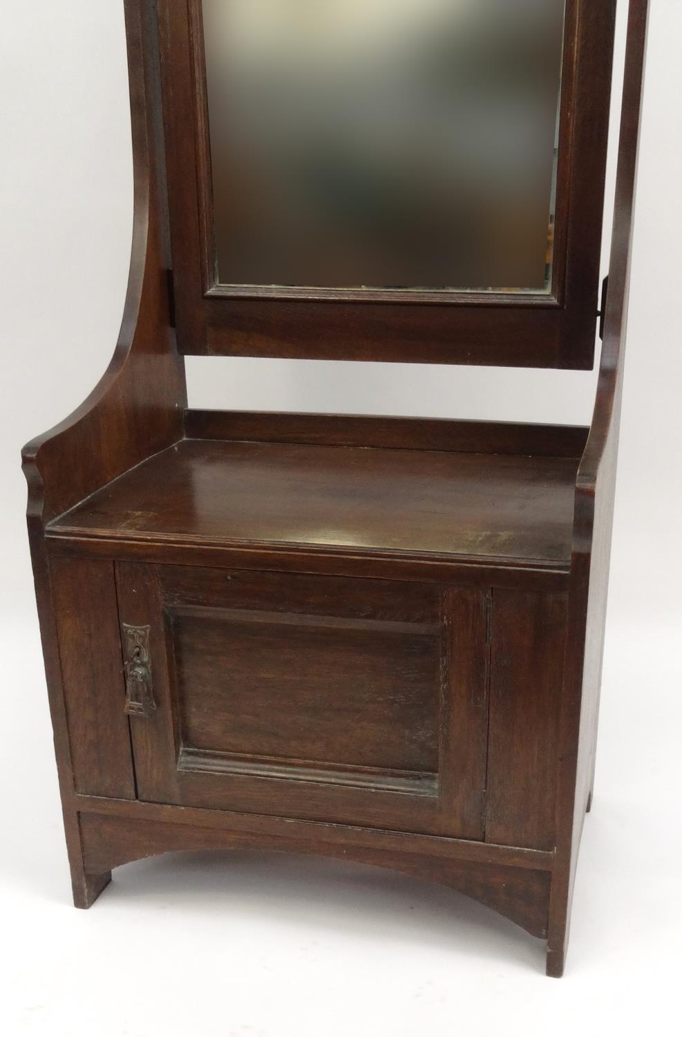 Arts and crafts oak hall mirror with brass plaque and cupboard base, 180cm high x 61cm wide x 43cm - Image 2 of 5