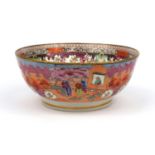 Newhall porcelain punch bowl printed and painted with oriental Chinese scenes, 29cm diameter There