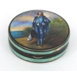 Circular silver pill box enamelled with a figure of a cavalier with feather hat, stamped '925' to