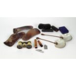 Pair of ivory opera glasses, cased amber coloured cheroots, retro inner soles, mother of pearl