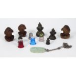Selection of oriental items, carved wooden monkeys, thimbles, weights, etc, the largest item 5cm