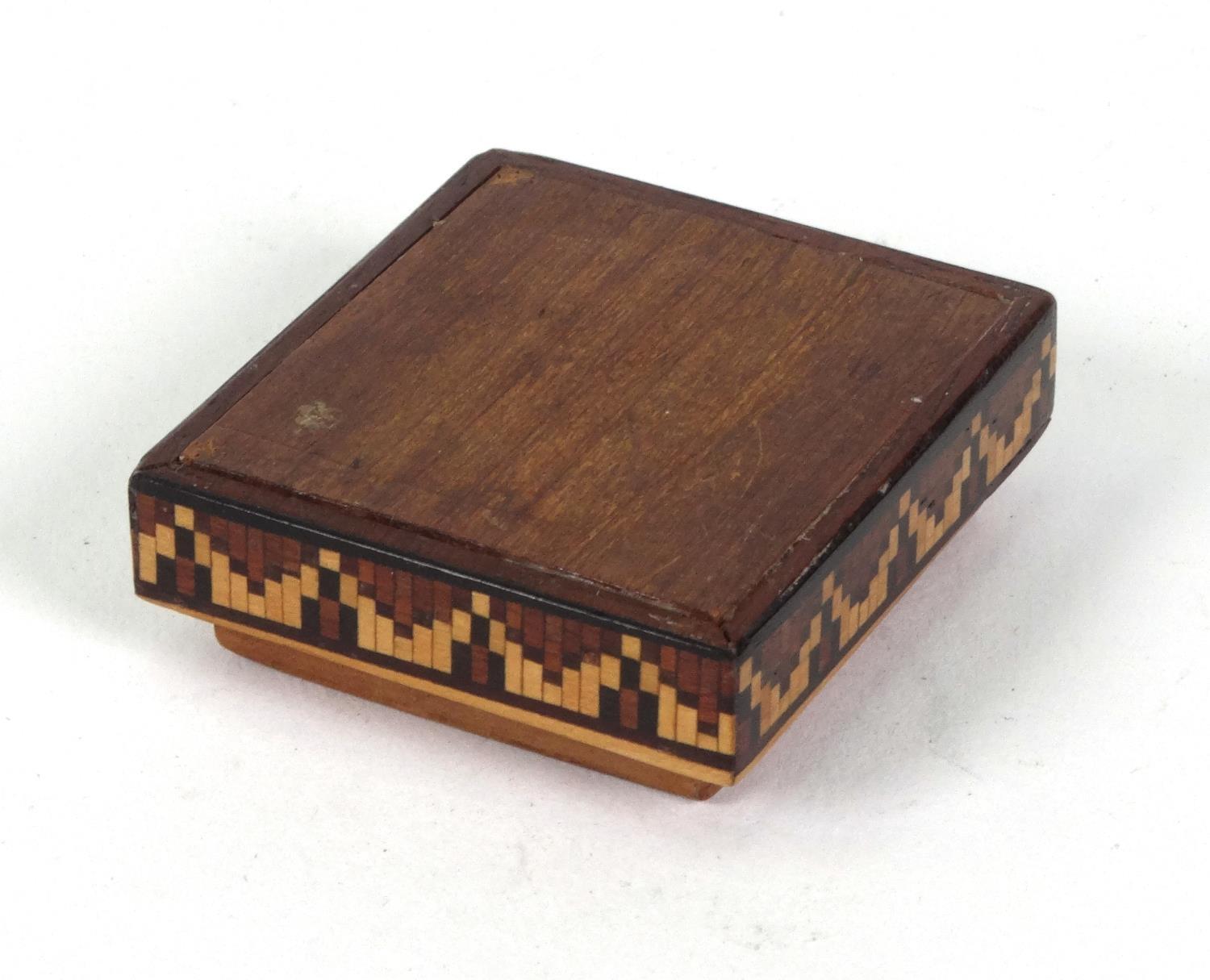 Victorian wooden Tunbridge ware stamp box decorated with a bust of Queen Victoria, 4cm x 3.5cm - Image 6 of 6