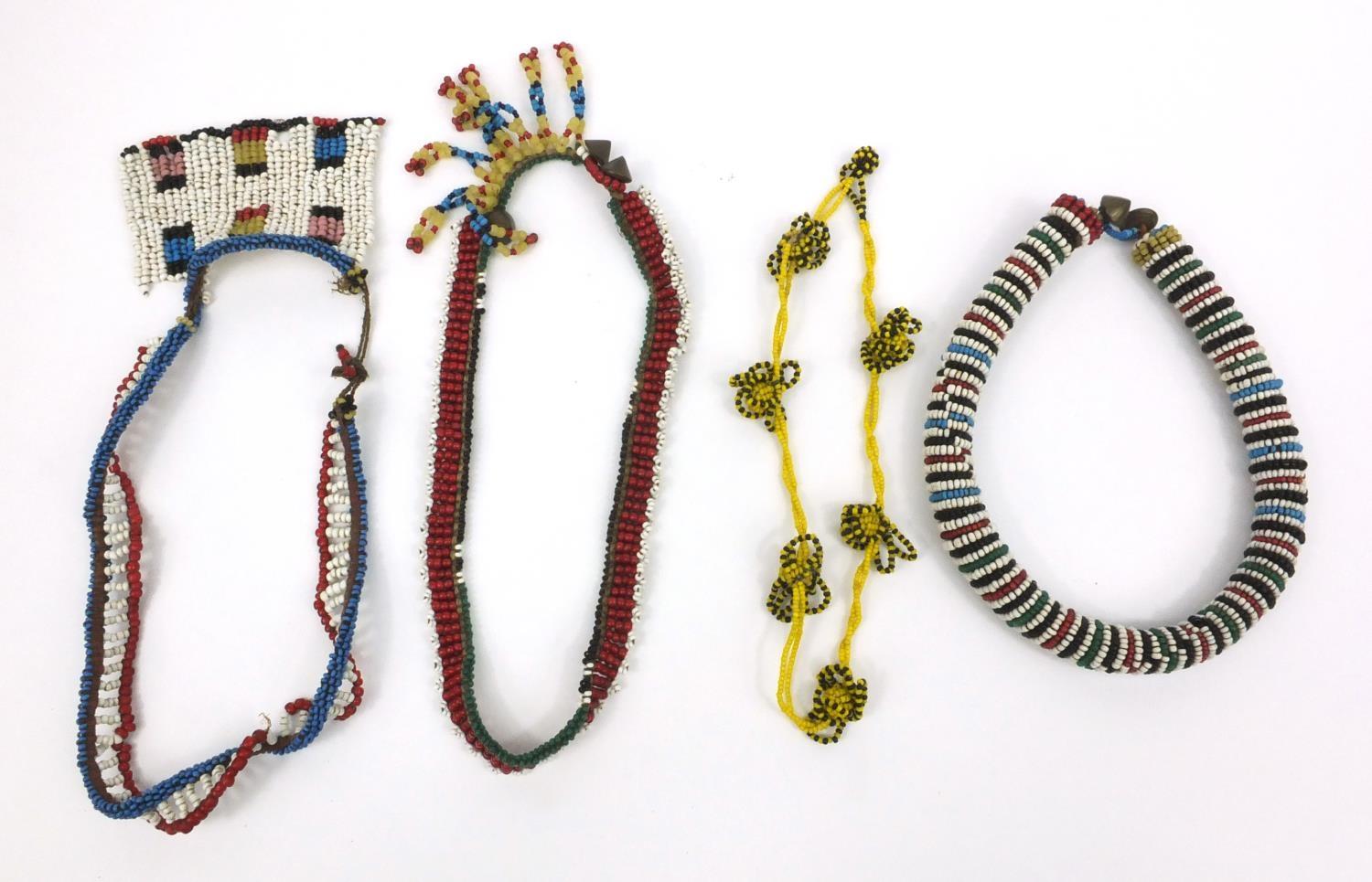 Four tribal beadwork necklaces, the largest 27cm long - Image 6 of 6
