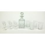 Group of crystal glassware including Webb decanter with four drinking glasses and a set of six