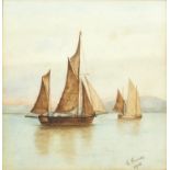E. Groves 1910 - Watercolour of two sailing ships at sea, mounted and framed, 20cm x 17cm