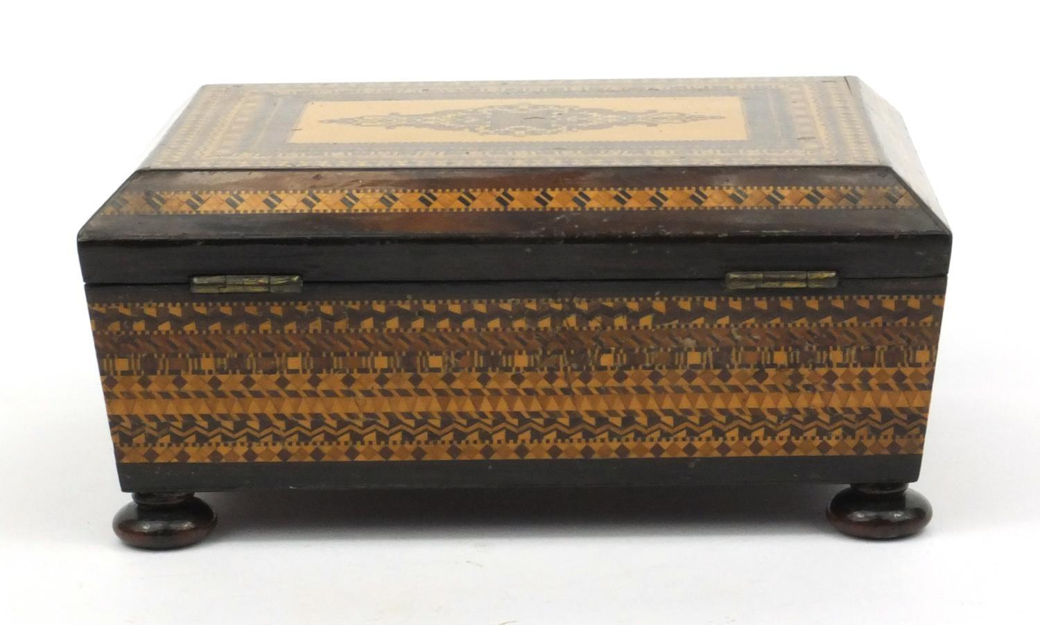 Victorian wooden Tunbridge ware box on bun feet, 20cm diameter - Image 4 of 8