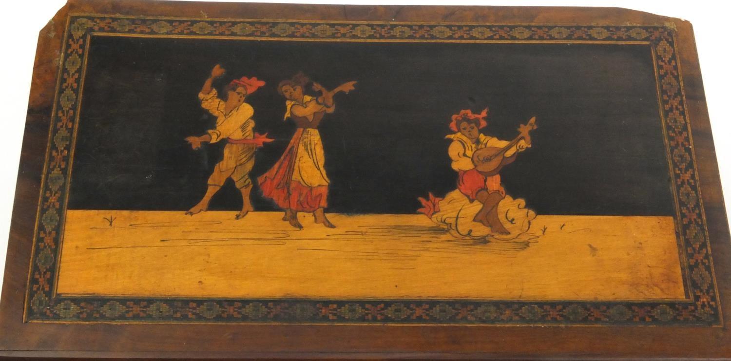 Continental wooden book shaped casket inlaid with dancers, together with a similar box inlaid with - Image 3 of 5