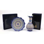 Middle Eastern enamel vase, together with an enamel plate, the vase 24cm high