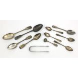 Georgian and Victorian silver cutlery including tablespoons, teaspoons, sugar tongs etc, various