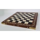 Hardwood ebony and ivory inlaid chessboard, 46cm square