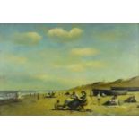 Impressionist oil onto board of figures on the beach, gilt framed, 52cm x 34cm excluding the frame