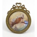 Circular watercolour portrait miniature of a lady signed Doisteau?, ornately gilt framed, 7.5cm