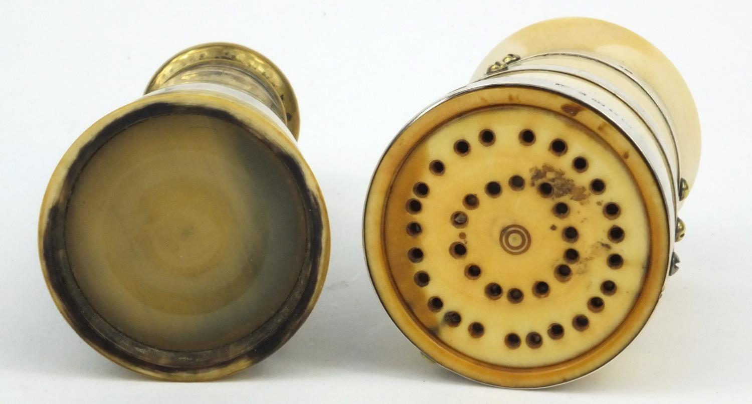 Ivory silver banded peppermill, Birmingham 1893, together with a horn pepperpot, the larger 12cm - Image 5 of 5