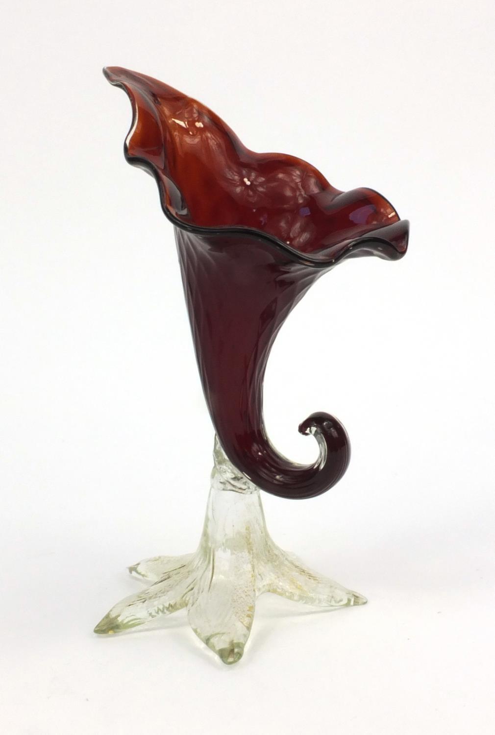 Clear and red glass cornucopia shaped vase, 26cm high Generally good condition, no chips or cracks