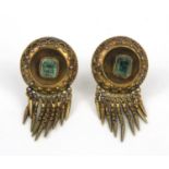 Pair of Victorian unmarked gold emerald earrings, 3cm high, approximate weight 3.8g