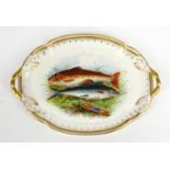 Victorian hand painted porcelain fish plate decorated with Trout and Grayling, 33cm diameter