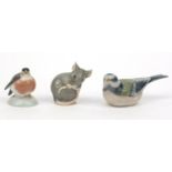 Three Royal Copenhagen models - two of birds and one of a mouse nibbling his tail, the largest 5cm