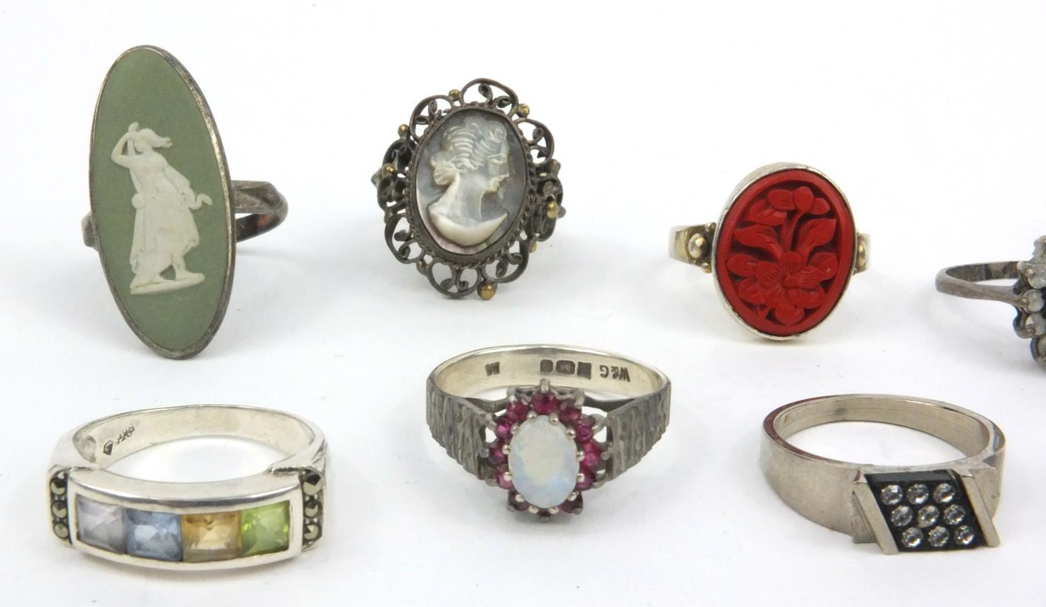 Collection of silver and white metal rings set with assorted stones, Wedgwood panels, etc, - Image 3 of 20