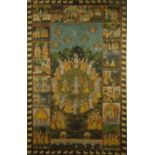 Large Middle Eastern painting onto silk of goddesses at play, with oxon border, 193cm x 122cm