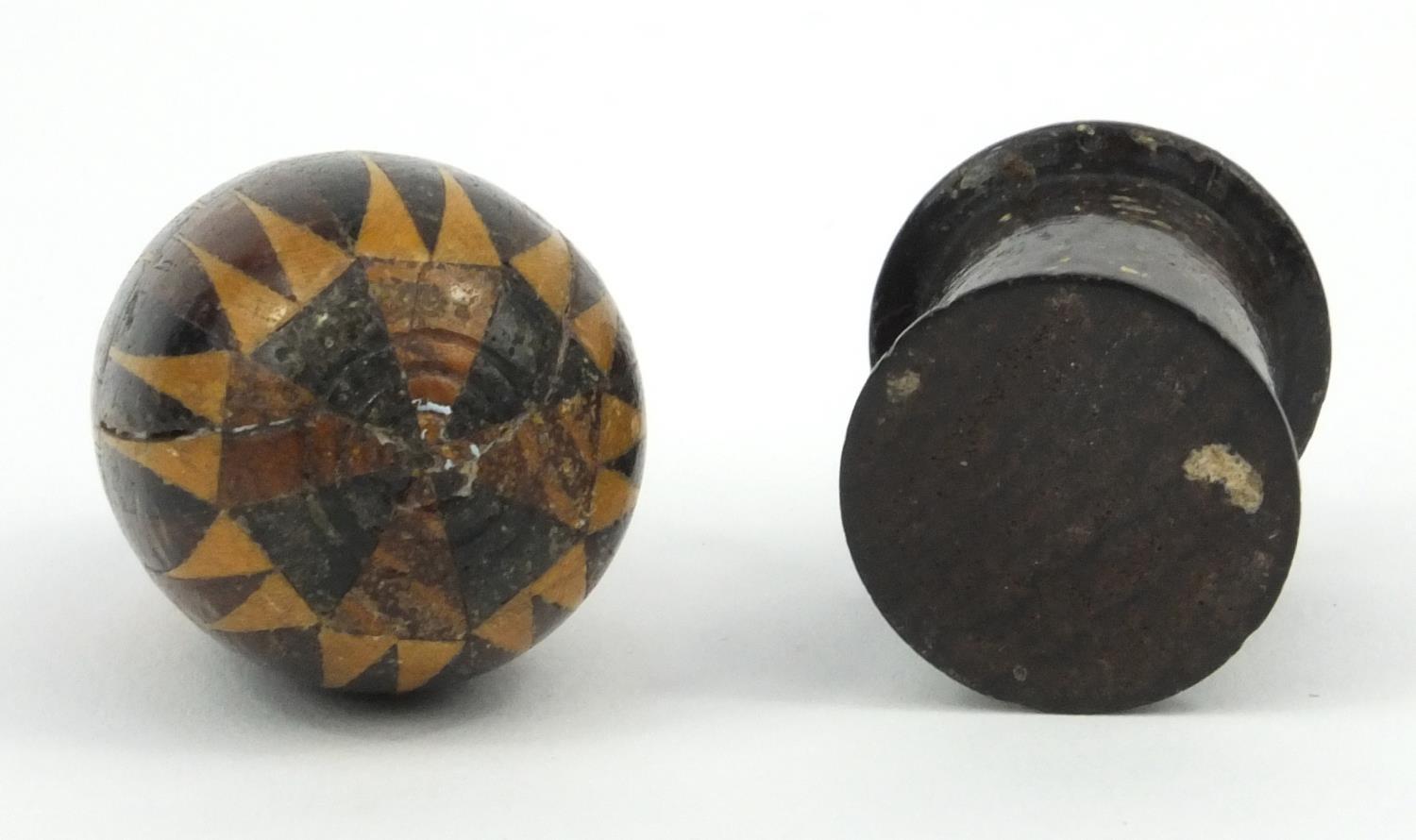 Victorian wooden Tunbridge ware egg-shaped thimble holder, together with a tape measure, the largest - Image 4 of 4