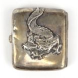 Oriental Chinese silver cigarette case decorated with a dragon, 9cm x 8cm