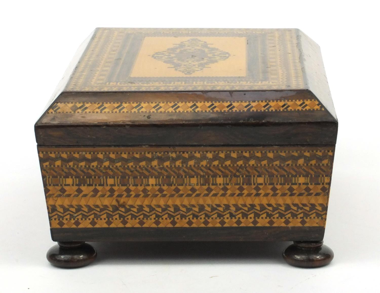 Victorian wooden Tunbridge ware box on bun feet, 20cm diameter - Image 5 of 8