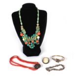 Assorted jewellery comprising micromosaic bracelet, coral necklace, polished stone necklace, gilt