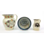 Creamware pottery jug printed with birds, together with a pearlware pottery - Brandy and Water bowl,