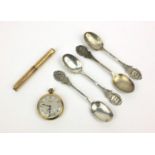 Group of items including four Coronation silver spoons, Helvetica gold plated pocket watch and a