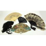 Selection of fans including a mother of pearl example, feather examples, some in boxes, the