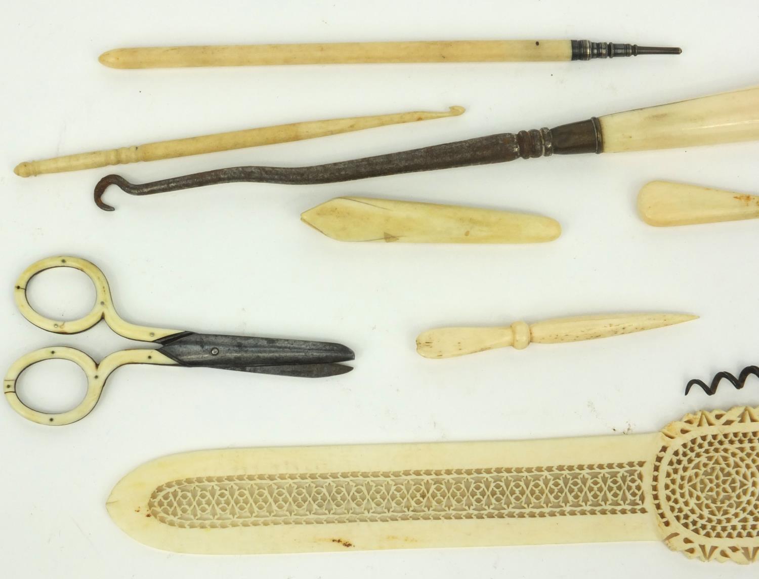 Bone corkscrews, buttonhooks, scissors and a pierced bone letter opener, Samuel Mordan propelling - Image 7 of 8