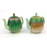 Two green Shelley dripware teapots, the largest 17cm high Both are in generally good condition, no