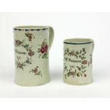 Pair of pottery pearlware pottery mugs hand painted with floral decoration - Mrs Swinsons 1786,